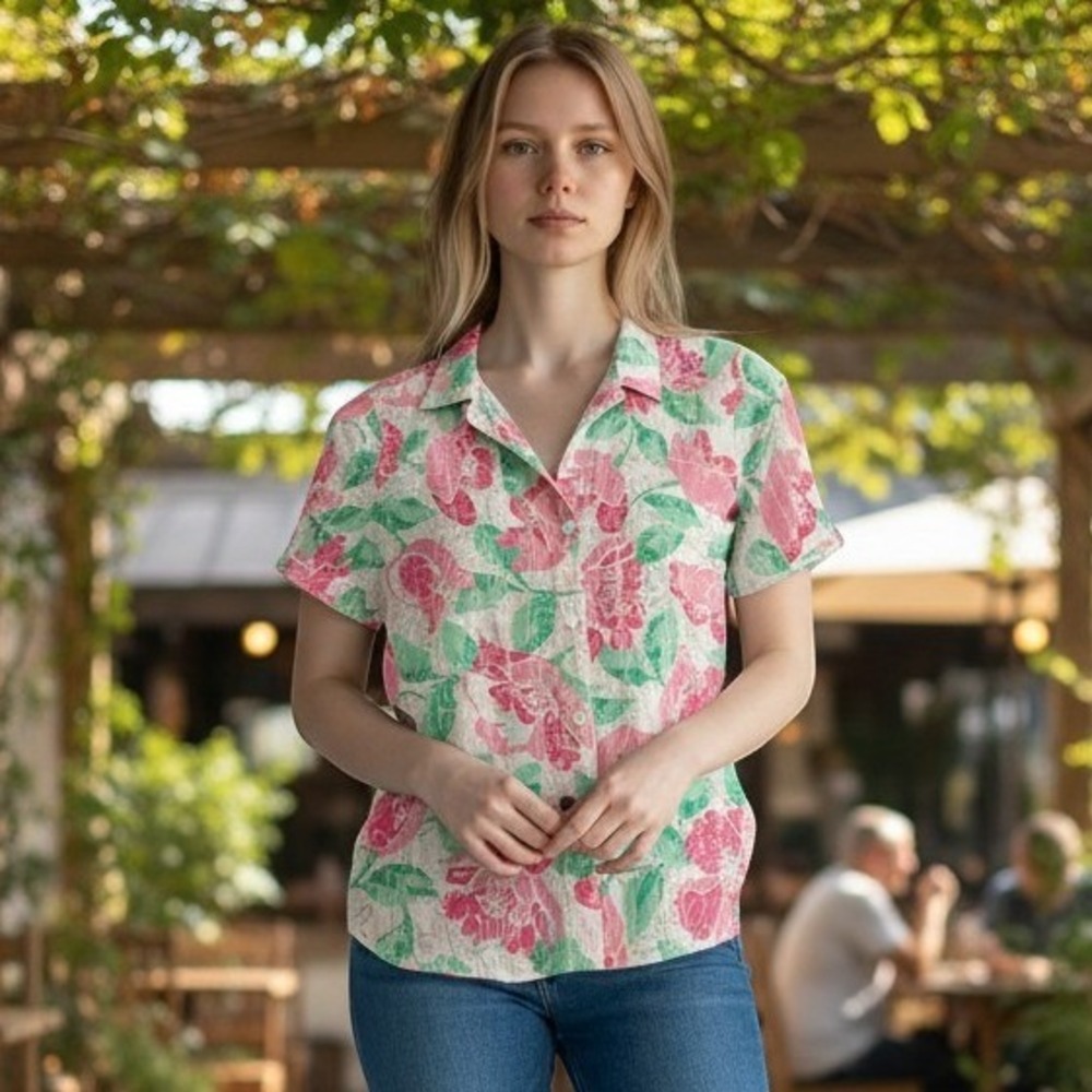 Alfred Dunner Floral Button Up Shirt Womens 18 Pink Green Tropical Summer